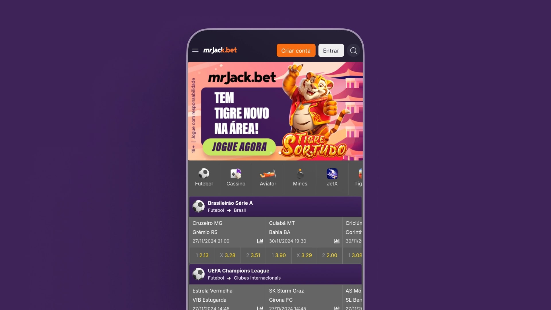 Mobile view of the MrJack.bet app highlighting games like 'Tigre Sortudo,' live betting options, and popular leagues such as Brasileirão Série A and UEFA Champions League.